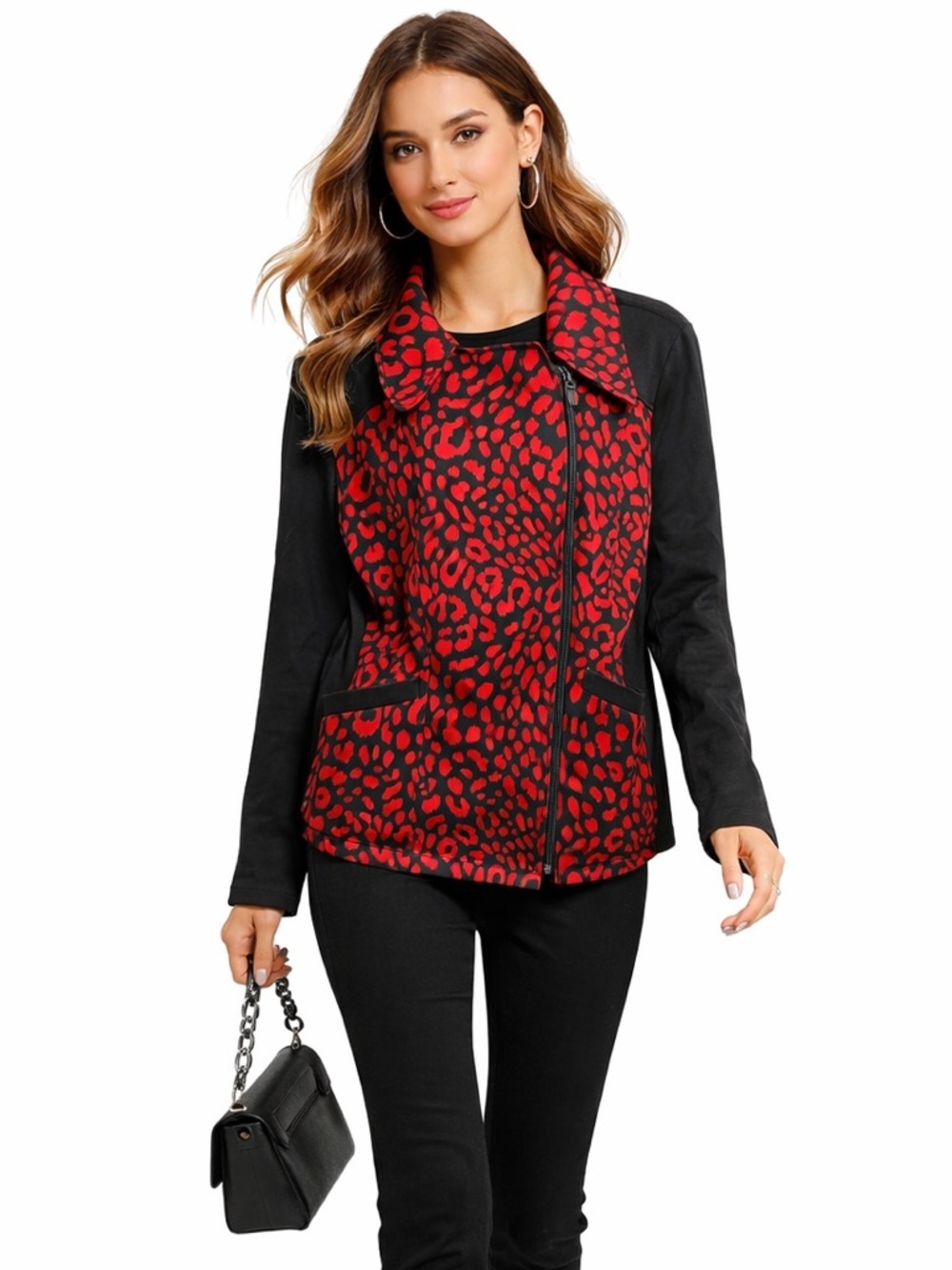 Susan Graver Womens Red Black Leopard Print Asymmetrical Zip Moto Jacket Size M